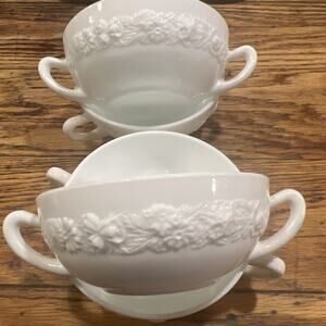 Vtg. White Milk Glass Cream Soup Bowls Embossed Floral Band Vitrock Set of 4
